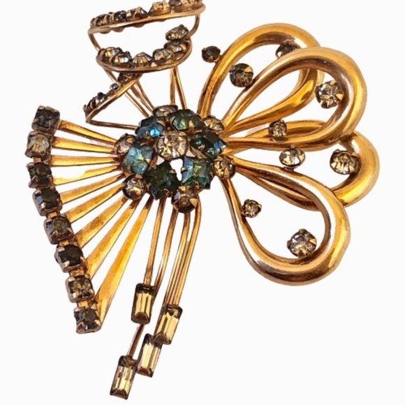 M&S Rhinestone Bow Brooch 1/20 12K Gold Filled Vintage Signed 1950s - Picture 2 of 16